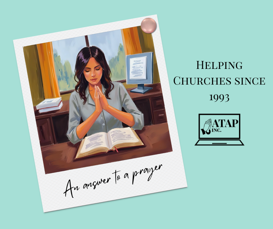 Teal Background with a poloroid type picture of a woman praying in an office, with the Words "An answer to a prayer"